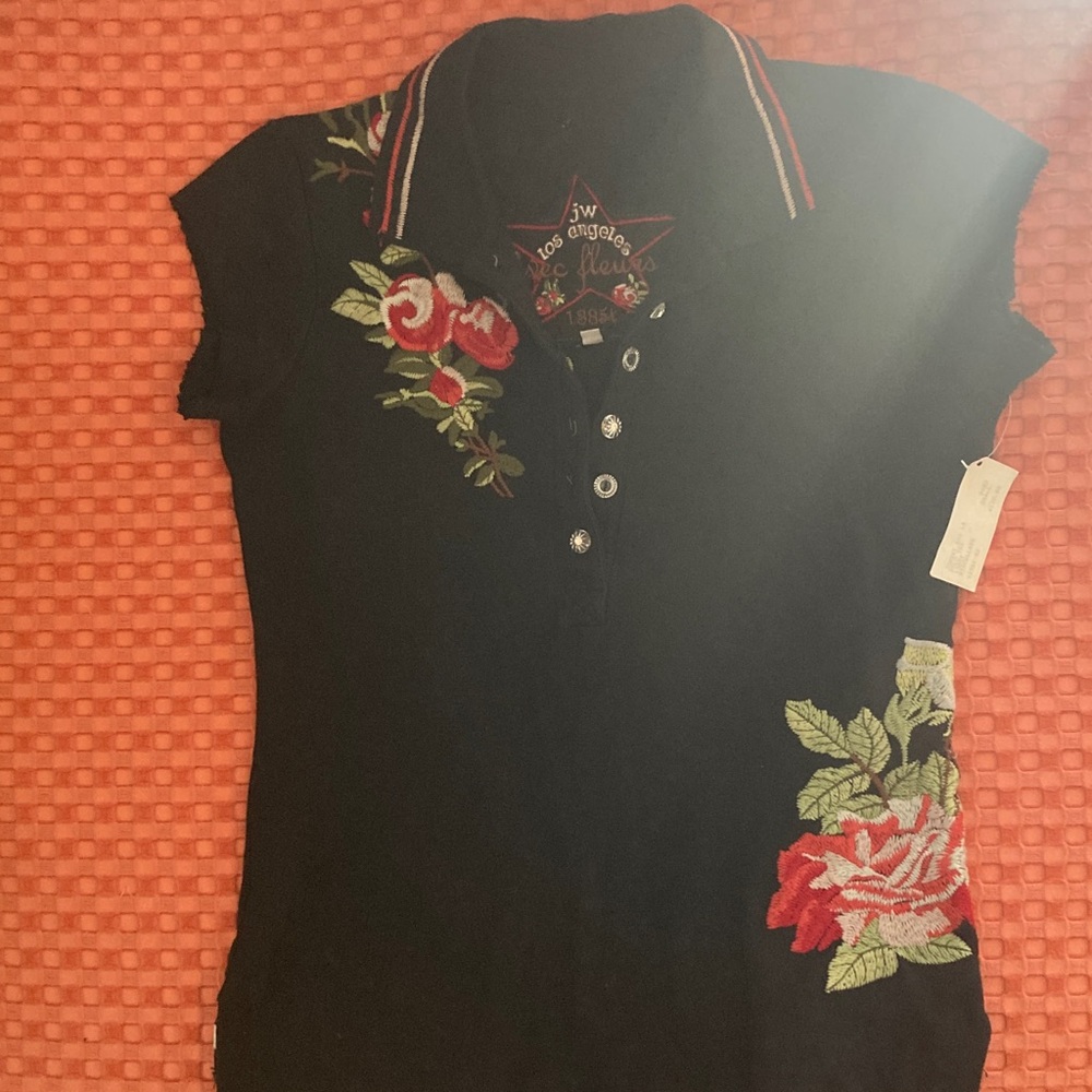 Johnny Was Black Floral Embroidered Polo size small